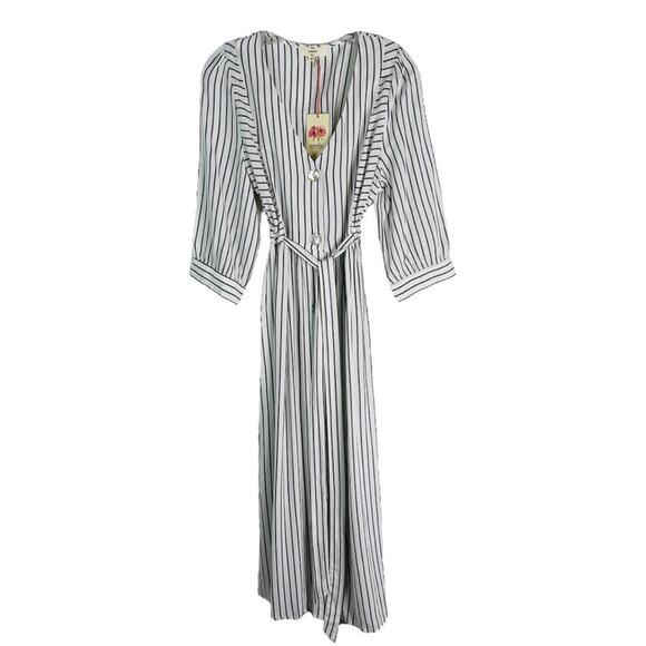 NEW Entro white grey striped coastal tie button midi maxi dress medium - Picture 1 of 8